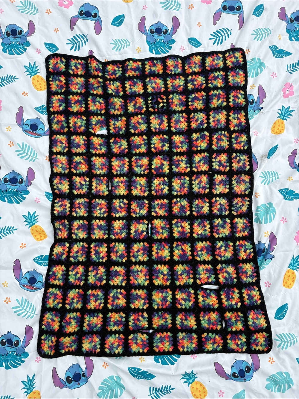 Vintage Handmade Crochet Throw Blanket in Black with Multicolor Squares